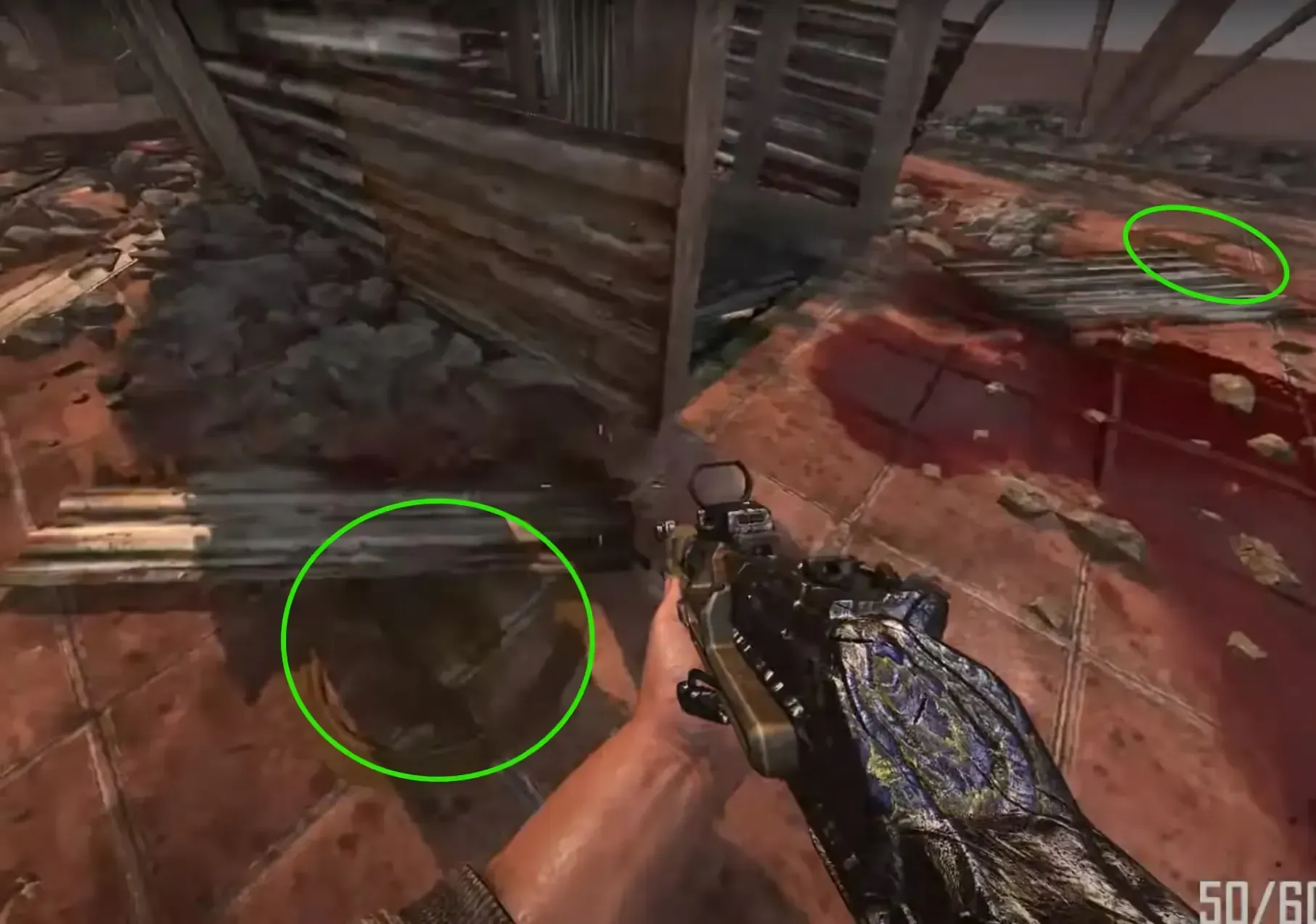 two zombie symbols next to pathway leading down from power roof
