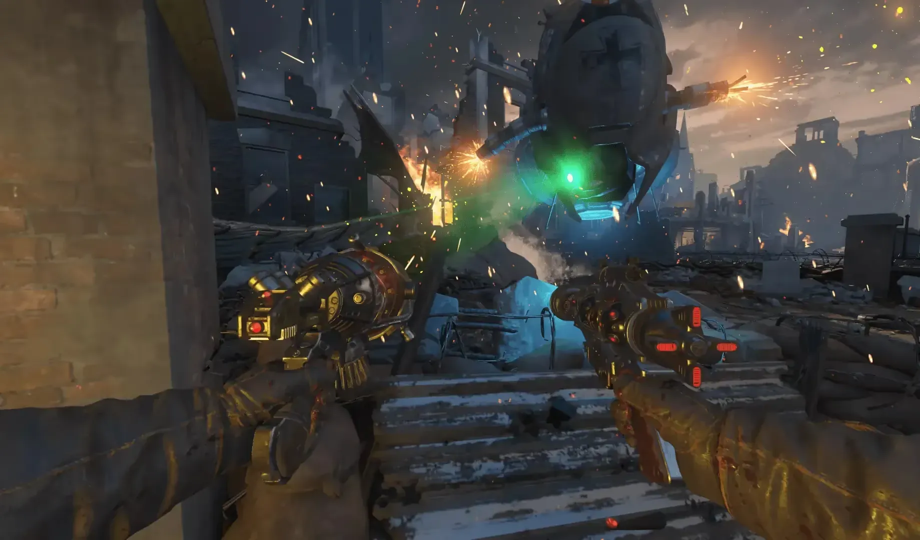 Escort this damaged green-eyed drone.