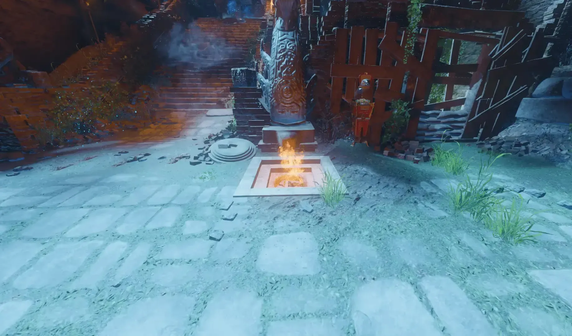 Spawn / Shangri-La · Fire pit at the foot of the Shangri-La stairs.