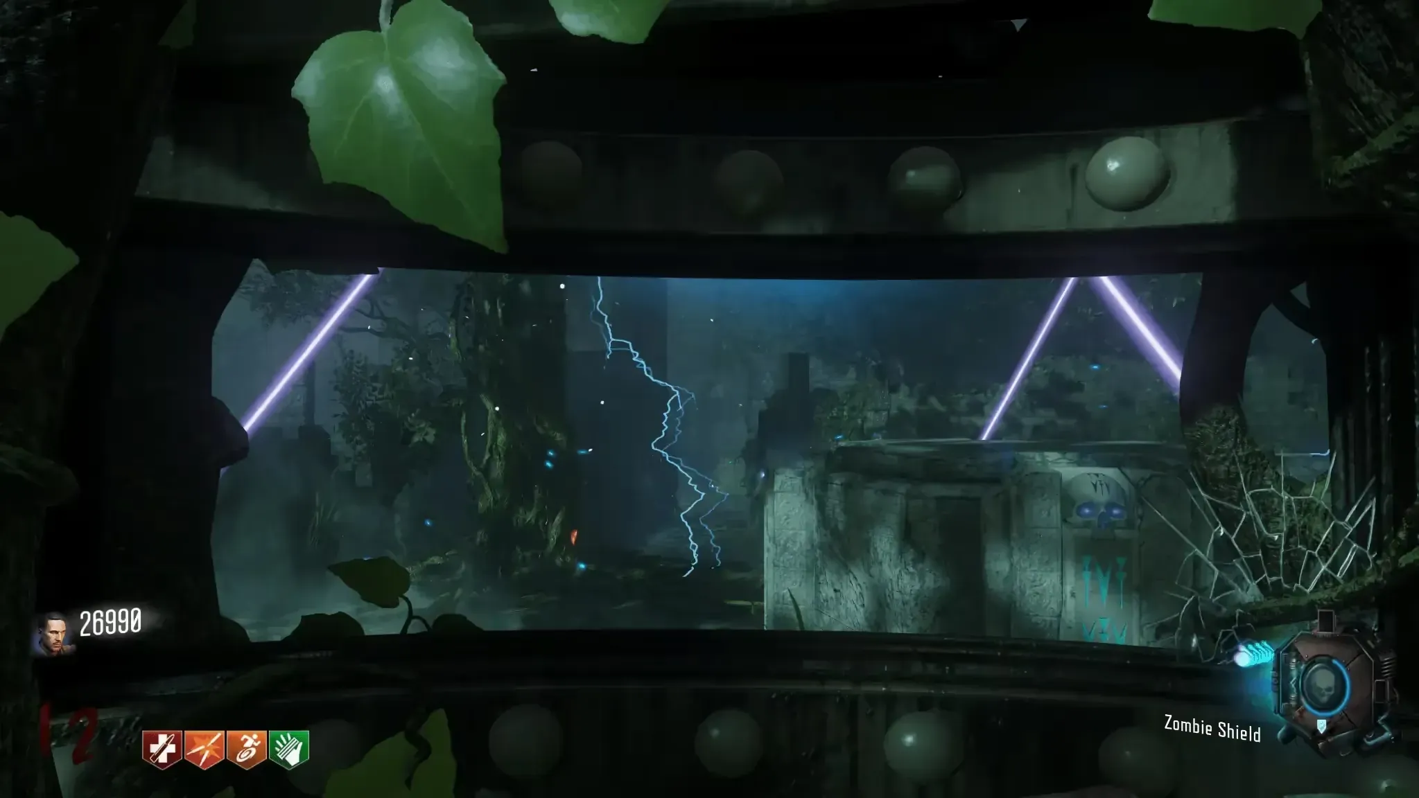 Bash the zipline control with the charged shield.