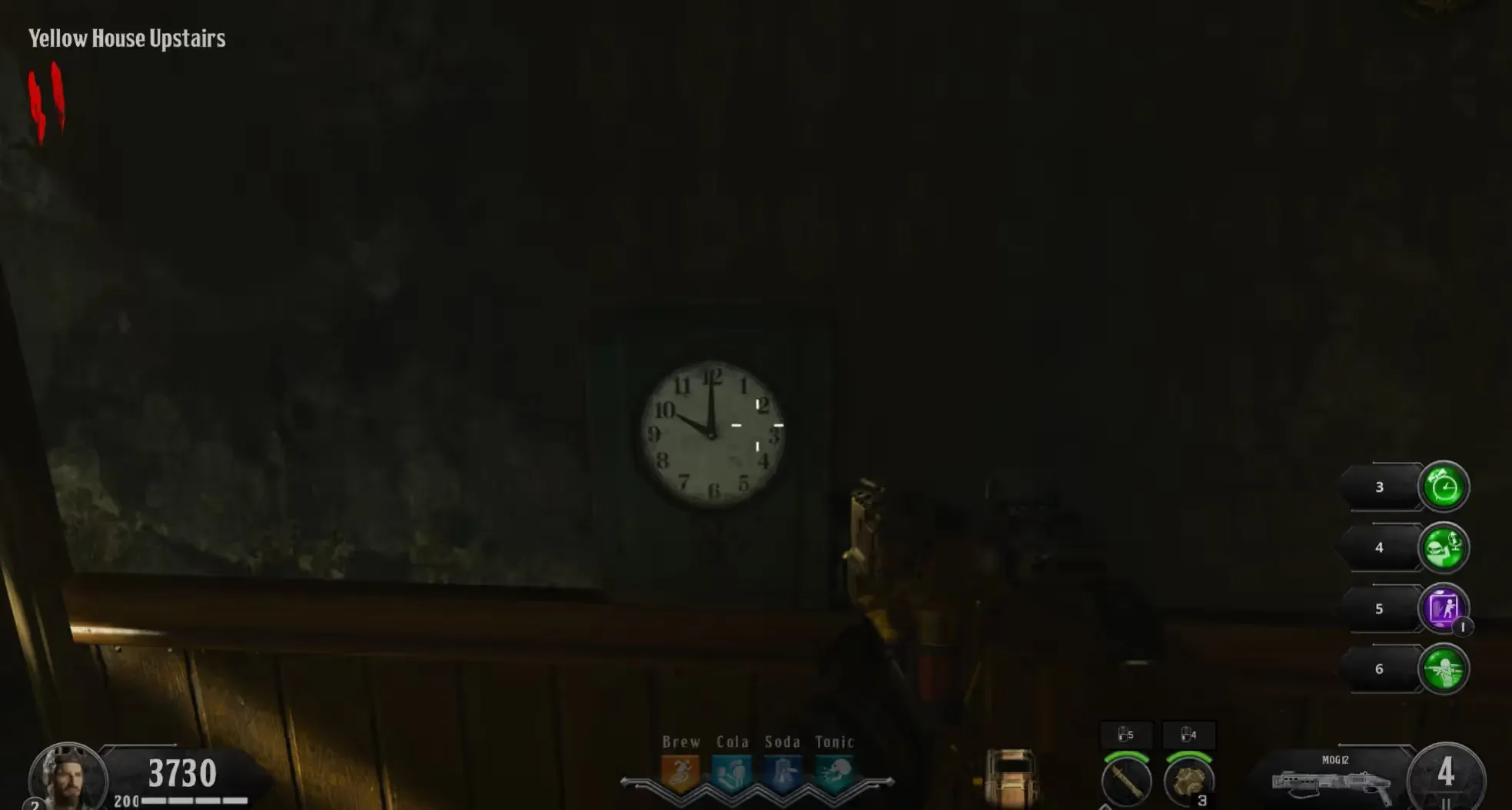 The circular wall clock upstairs in Yellow House; the target time changes each run