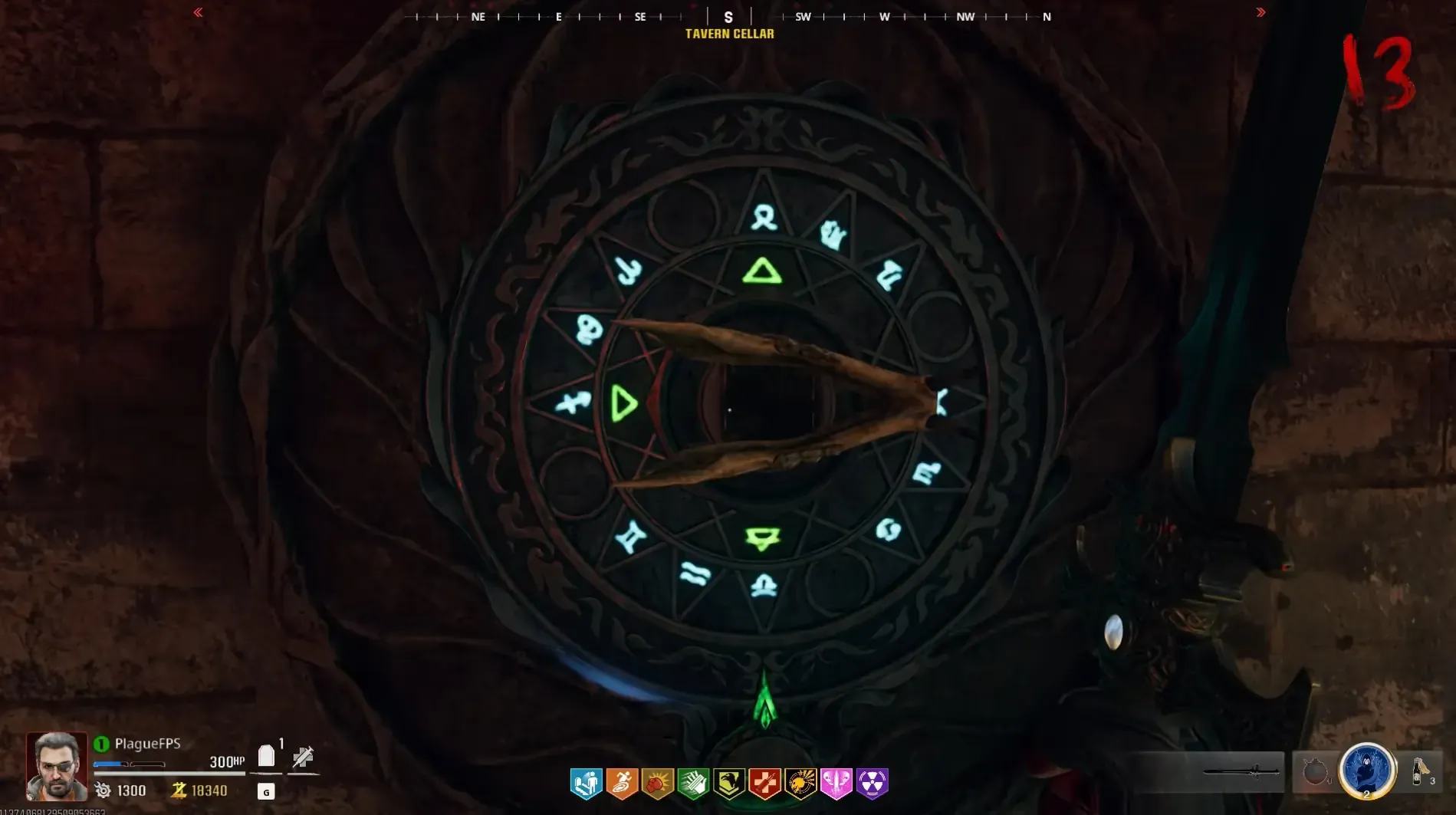 Tavern Cellar rune wheel: align both rings at the green bottom pointer