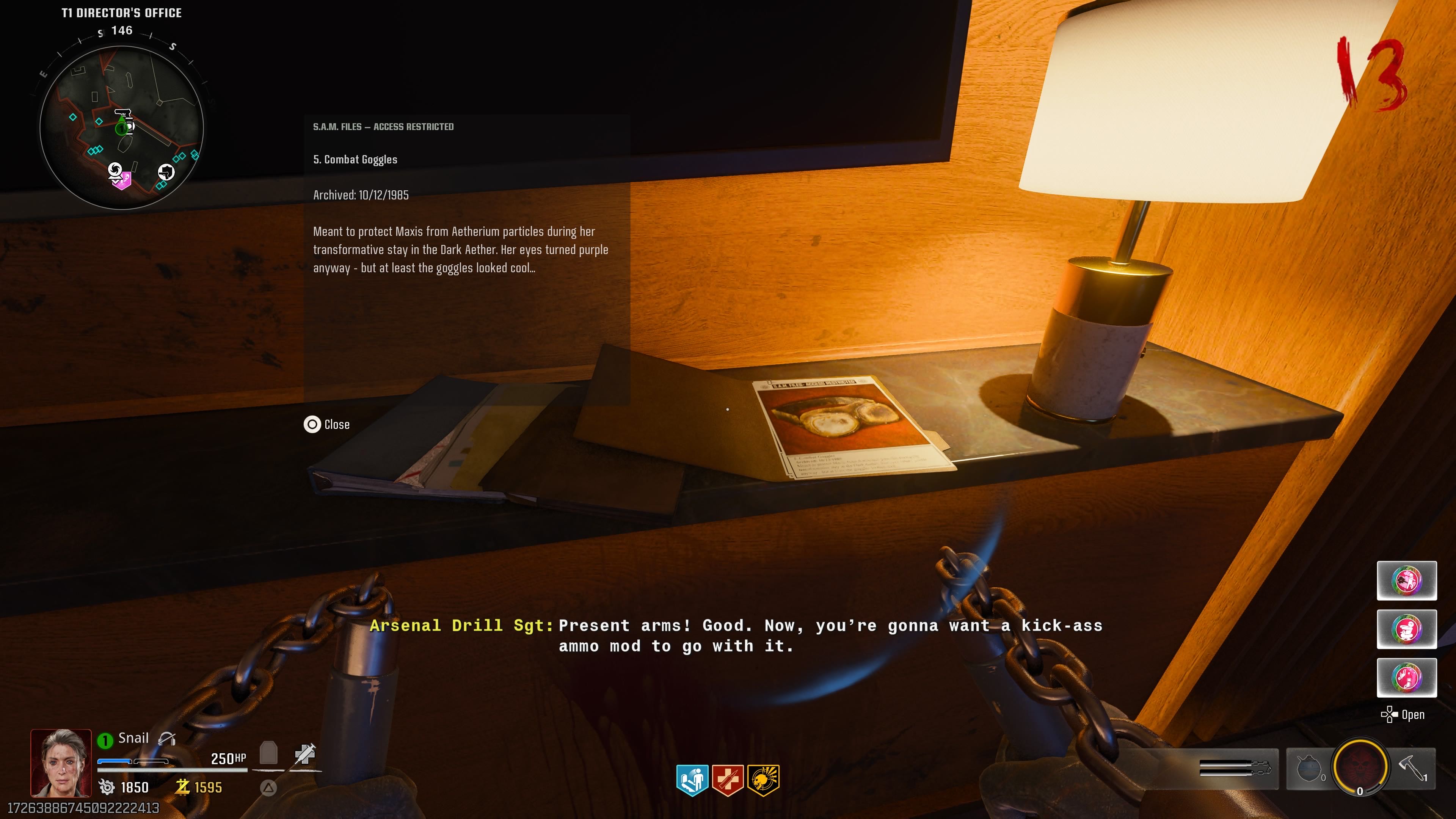 Combat Goggles: Director’s Office beside a lamp, or Teleportation Lab terminals