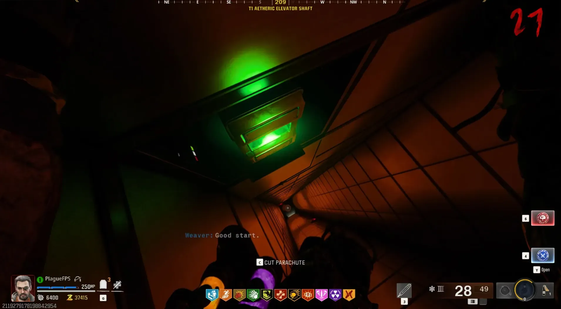 Use the parachute to reach each red shaft button