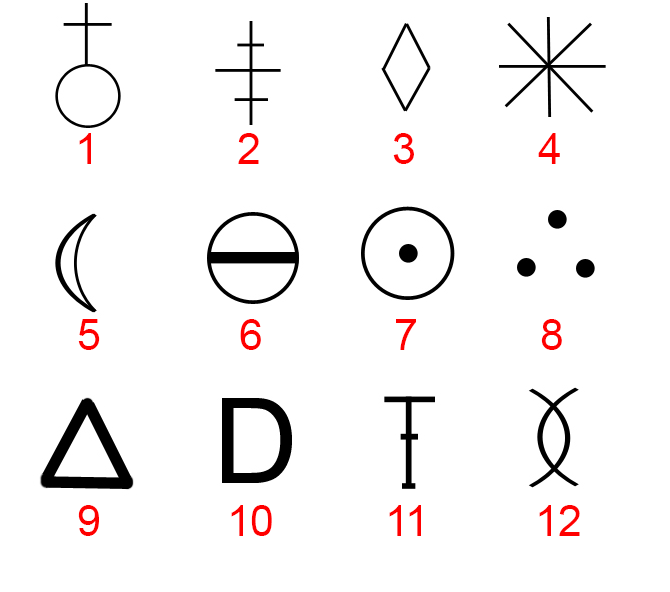 The twelve possible matching-tile symbols.