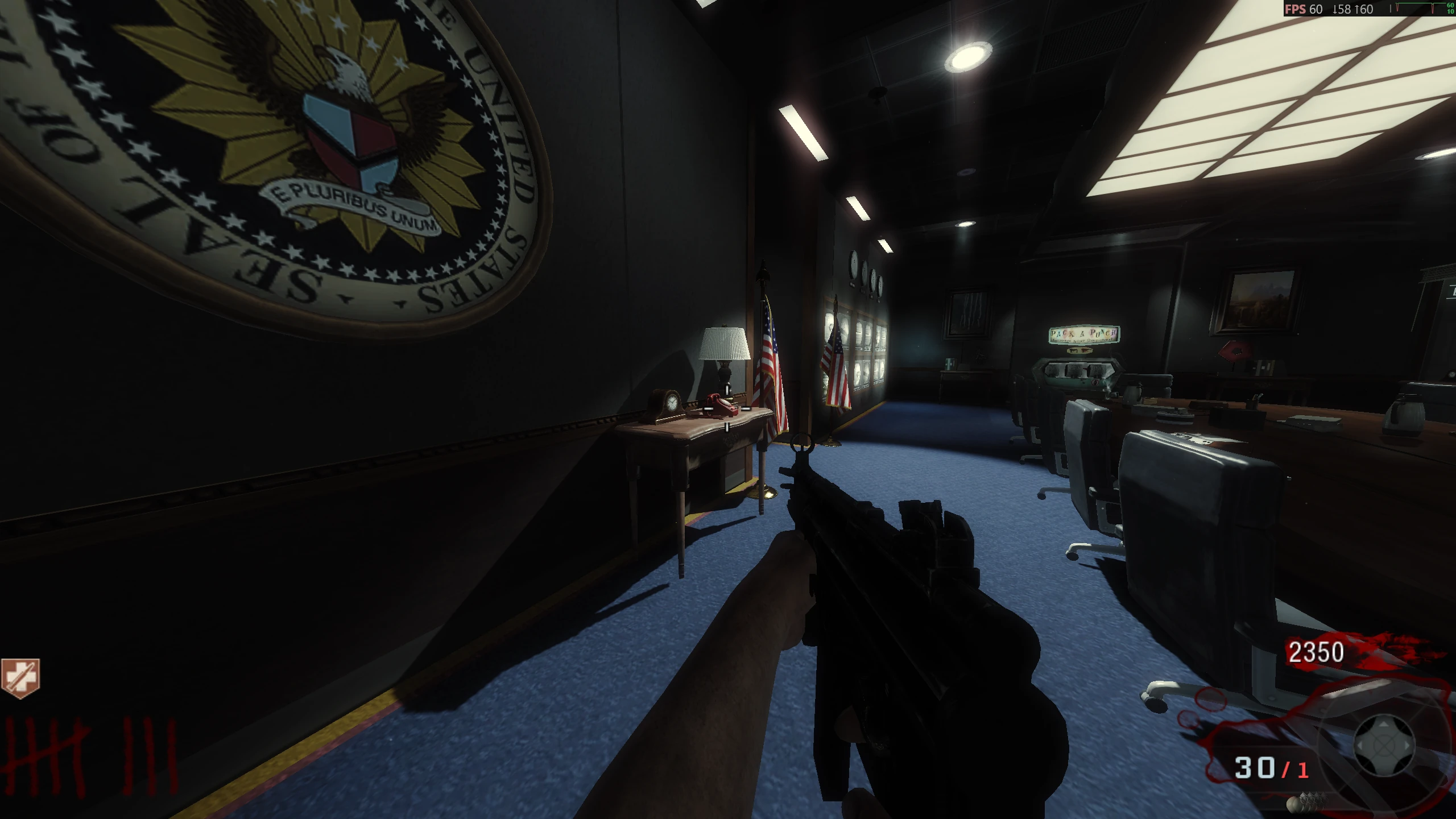 In the Panic Room, on a table next to a barrier